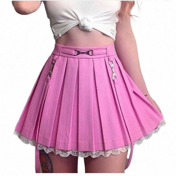 

skirts skirts women pleated summer straps decor harakuju lolita high waist mini skirt school girls teenagers lace hem cute streetwear m8zd#, Black
