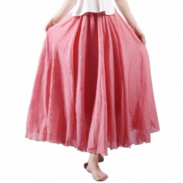 

skirts skirts women linen cotton long elastic waist pleated maxi beach boho vintage summer i1dp#, Black