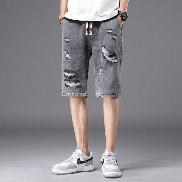

summer men's perforated jeans shorts men's capris fashion brand loose korean fashion pants, Blue
