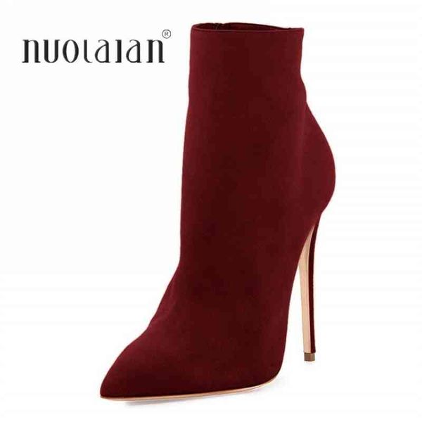 

boots brand fashion women ankle zip pointed toe footwear 10cm high heels female party shoes 2020 new winter 220901, Black