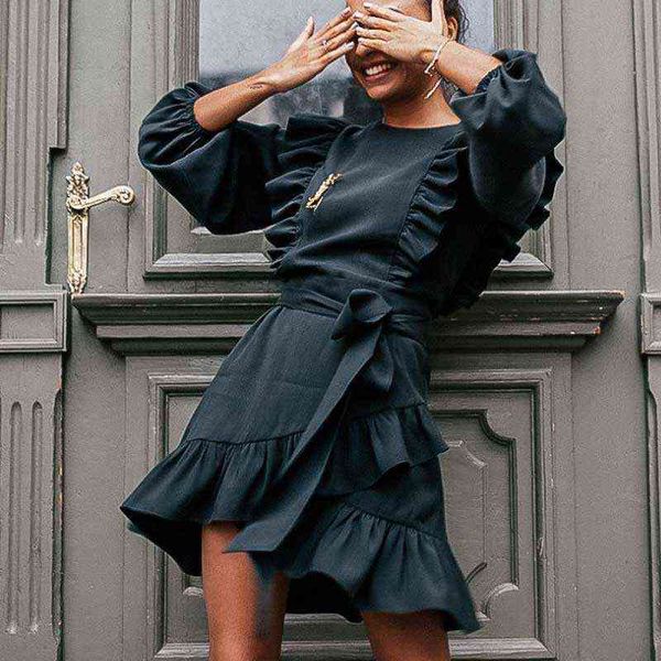 

casual dresses boho inspired black ruffle women dress long sleeve elegant chic dresses for women new dress belt tied casual autumn dress t22, Black;gray