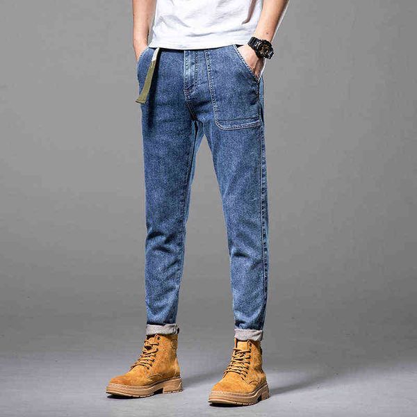 

thin summer stretch men's dark blue jeans fashion brand small bee slim fit feet elastic pants