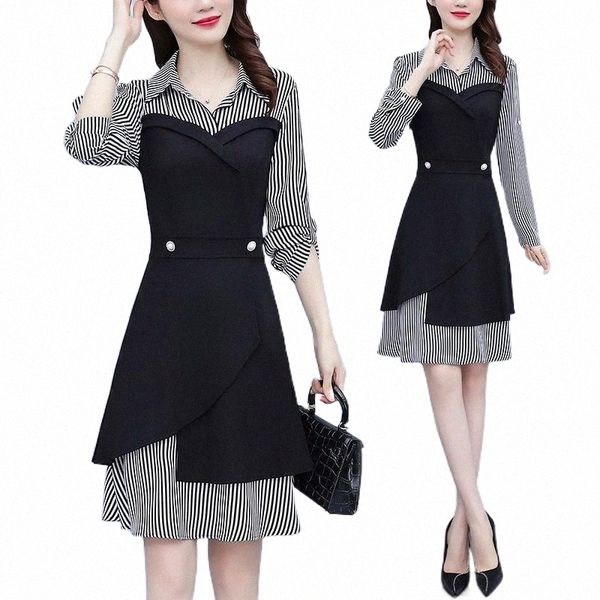 

casual dresses casual dresses stripe patchwork autumn dress fashion womens birthday party office ladies work wear girl slim long sleeve robe, Black;gray