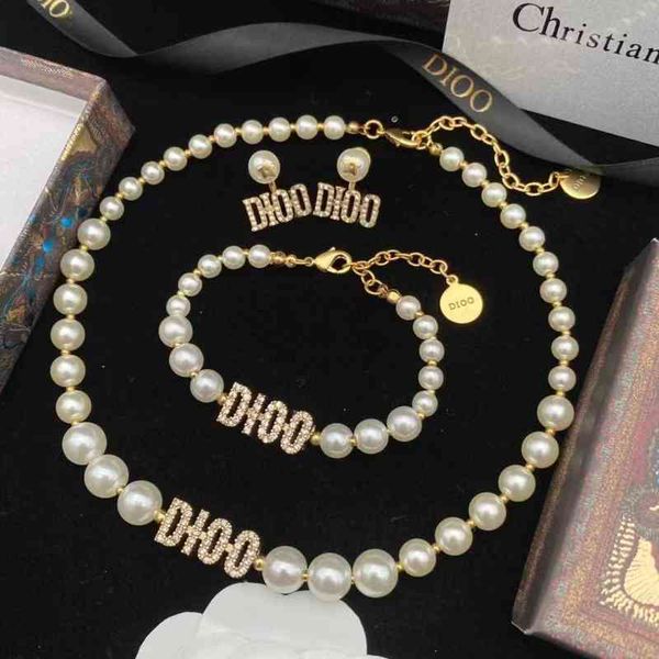 

set new letter pig nose diamond pearl necklace women's fashion versatile bracelet earrings, Silver
