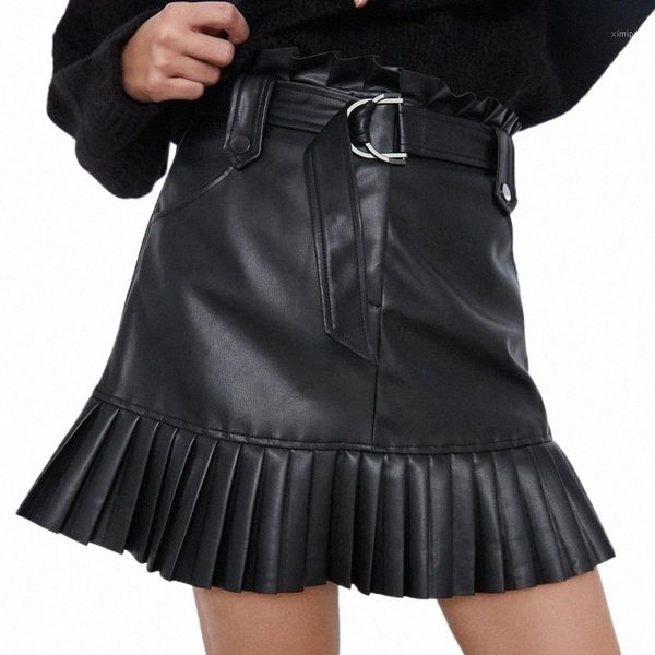 

skirts black pu leather skirts women summer bottom ruffles decoration tie belt waist mini for female bj2634 u1q0#
