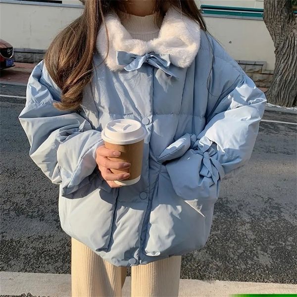 

womens down parkas korean sweet bow thick warm preppy style coat women winter loose singlebreasted parkas solid singlebreasted blue pink jac, Black