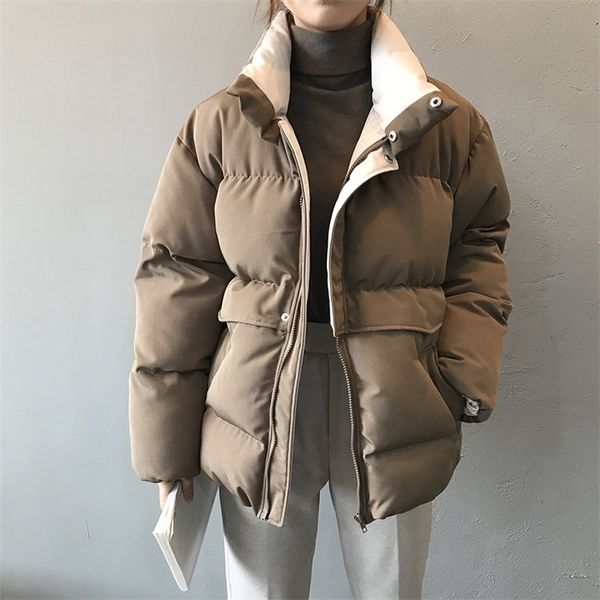 

womens down parkas solid color loose bread cotton coat womens autumn and winter warm cotton padded puffer long sleeve parkas jacket female 2, Black