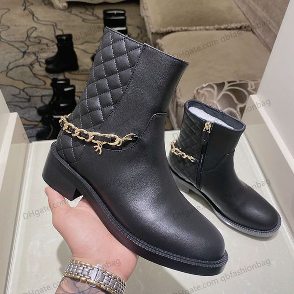 

f/w boots for womens ankle booties quilted texture metal zipper chain calfskin chunky low heels boot cowboy chelsea western fashion elastic, Black