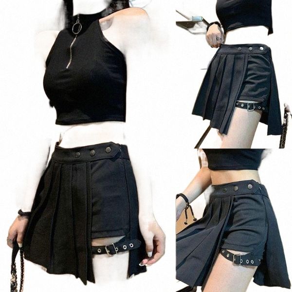 

skirts skirts women harajuku punk irregular mini pleated skater skirt asymmetric cutout high waist hip hop clubwear with thigh ring shorts v, Black
