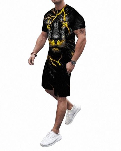 

men's tracksuits men's tracksuits summer 3d printed wolf pattern men's t-shirt shorts suit sportswear o-neck short sleevesmen, Gray