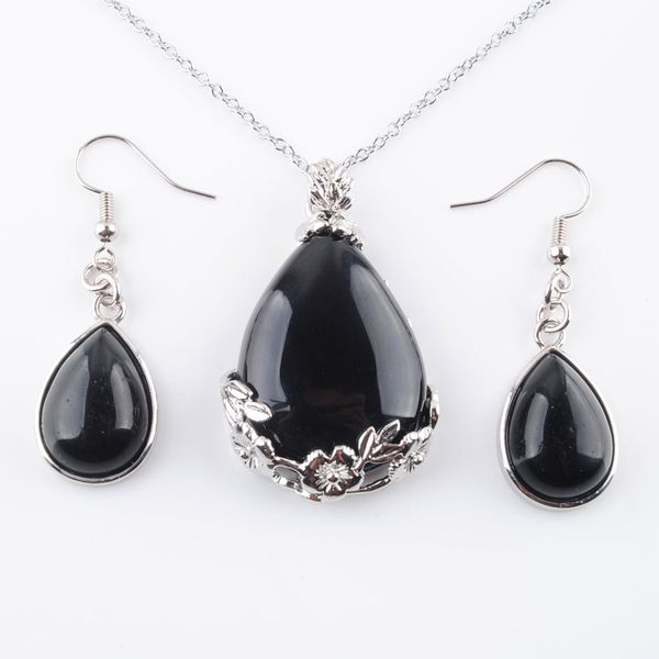 

natural pendulum pendant bridal party jewelry set for women water drop black agate gem stones dangle earrings necklaces q3075, Silver