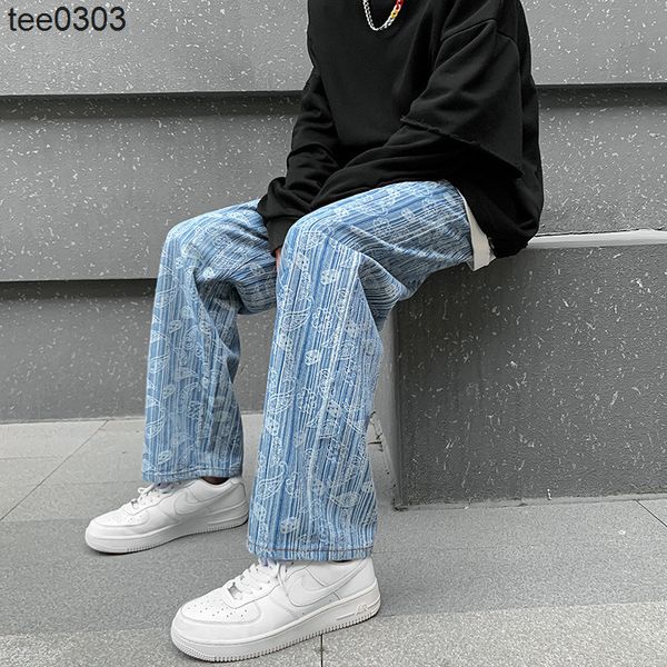 

spring and summer 2022 new jeans washed jacquard jeans men's straight tube loose design sense of niche hanging wide pants, Blue