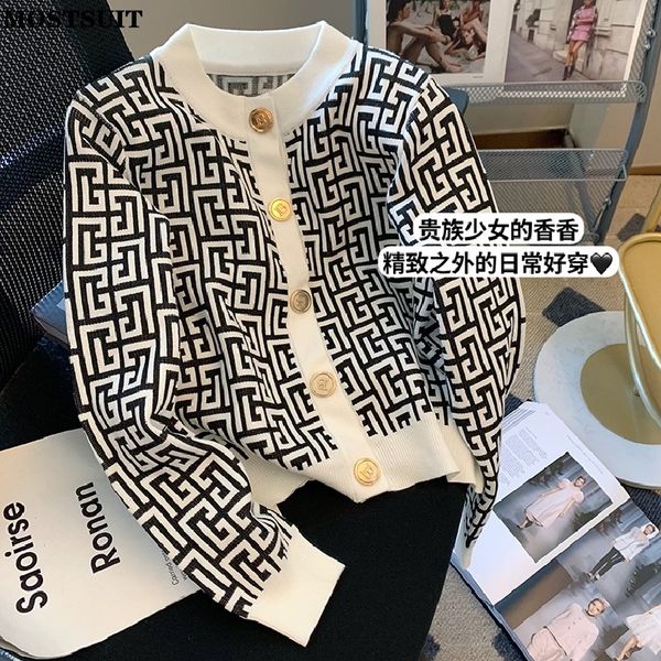 

fashion jacquard knitted women cardigan sweater 2022 autumn streetwear korean vintage ladies chic jumper long sleeve o-neck, White;black