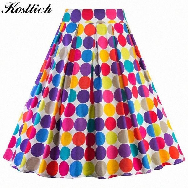 

skirts skirts kostlich 2022 rainbow dot print autumn vintage a-line casual big swing women midi skirt high waist pleated u5sb#, Black