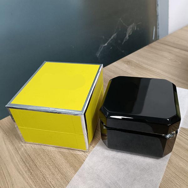 

luxury high cases quality black box plastic ceramic leather material manual certificate yellow wood outer packaging watches, Black;blue