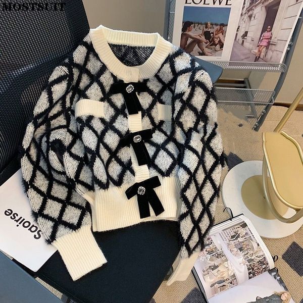 

vintage elegant plaid knit cardigan sweater women 2022 autumn bowtie stylish korean fashion long sleeve o-neck ladies coats, White;black