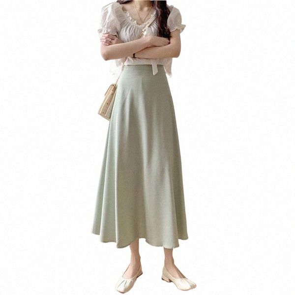 

skirts skirts summer silk midi womens korean england style satin office lady simple solid elegant faldas mujer moda long 34ad#, Black