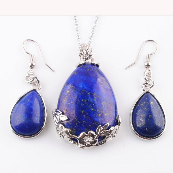 

jewellery sets for women natural lapis lazuli gem stone pendulum pendant earrings necklaces chain 45cm length q3073, Silver
