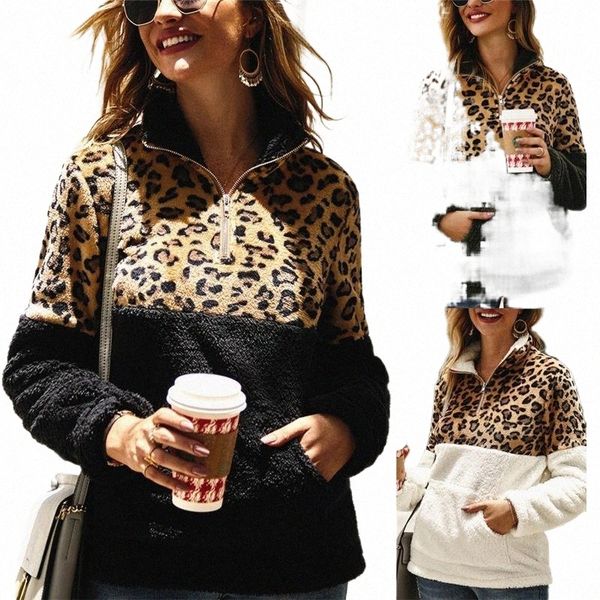 

women's hoodies & sweatshirts women's hoodies & sweatshirts women fleece sweatshirt winter casual faux fur leopard patchwork fluff, Black