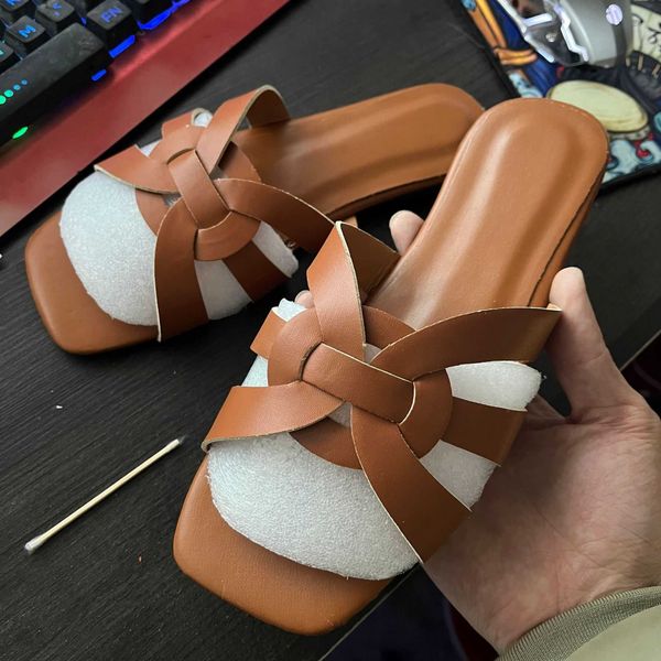 

saint designer women tribute flat sandals woman slippers luxury genuine leather slides with intertwining straps shoes fashion ladies scuffs, Black