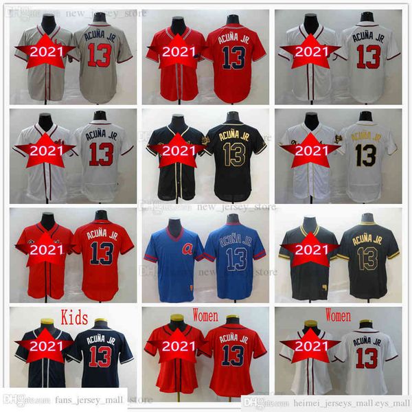 

2021 man women youth kids stitched baseball 13 ronald acuna jr. jerseys grey black gold white red dark blue jersey size s-xxxl