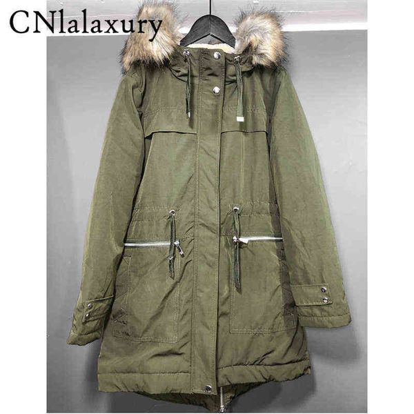 

women's down parkas cnlalaxury winter woman army green mid-length parker cotton clothing hooded fur collar casual jacket keep warm oute, Black