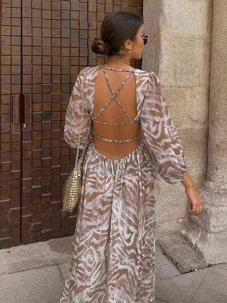 

casual dresses boho inspired printed summer dress cut-out detail round neck women dress puff sleeve crossed elastic backless party dress t22, Black;gray