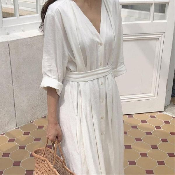 

v-neck lace up pleated cotton linen dress long sleeve simple loose shirt dresses solid color casual dresses s-xl, Black;gray