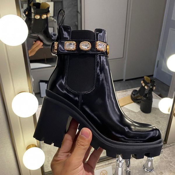 

2022 r boots rhinecones velcro ankle belt buckle booties lady bee embroidered chunky rough heel boots leather platform luxury martens boot w, Black
