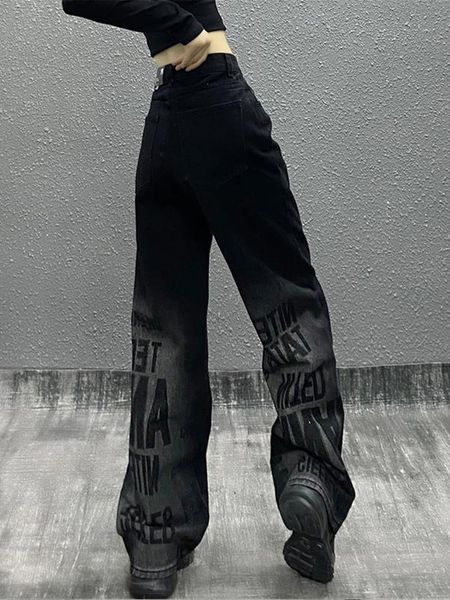 

women s jeans black straight vintage female loose boyfriend women punk letter print pants funny gothic cool japan trousers girl 220902, Blue