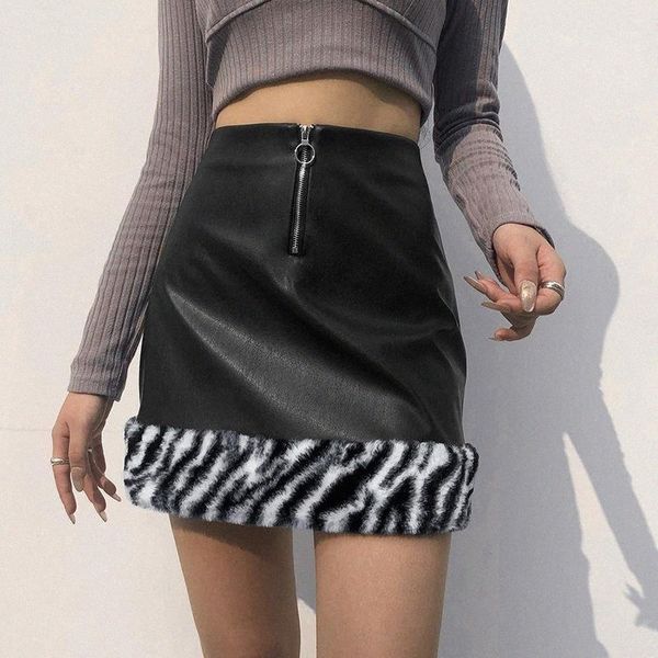 

skirts skirts zipper splicing pu bottoms female leather skinny short skirt women 2022 summer street bodycon a-line office lady clothing t9t6, Black