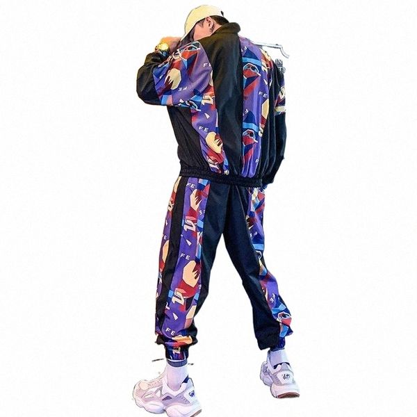 

men's tracksuits men's tracksuits hip-hop purple patchwork fashion men set two-piece splice printed loose suit male jacket pants s, Gray