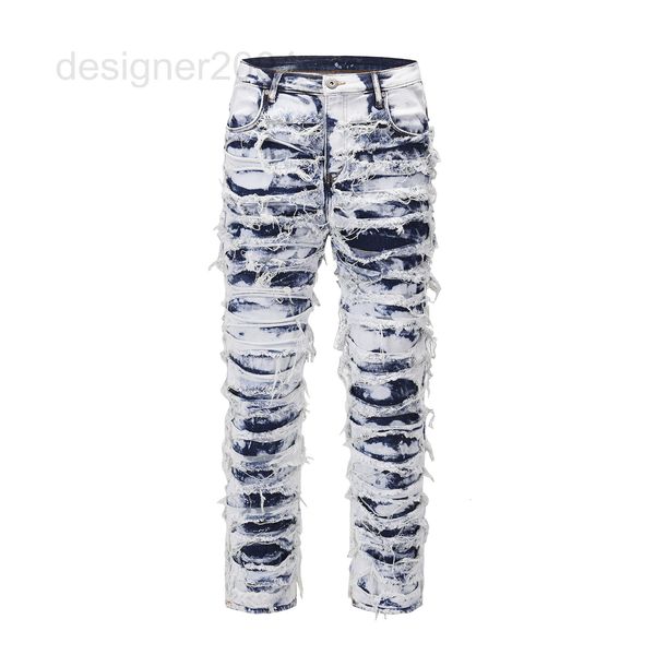 

men's jeans designer trend pants heavy industry big damage hole patch wool casual washed jeans 4t6b, Blue