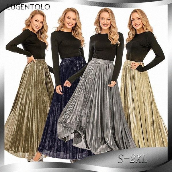 

skirts lugentolo elegant skirt women spring summer big swing empire pleated skirts high waist casual ladies long simple e2jb#, Black