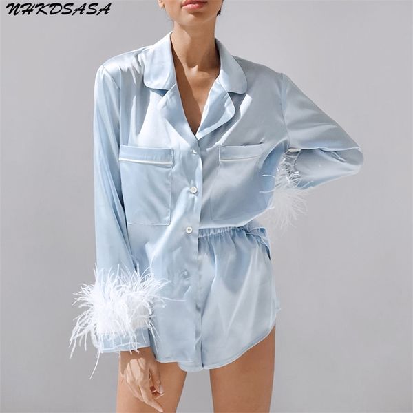

womens sleepwear pajamas for women 2 piece set restve feathers long sleeve turn down collar sleepwear autumn casual night suits with shorts, Black;red