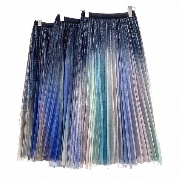 

skirts summer skirts womens 2022 fashion metallic rainbow gradient tulle pleated skirt midi high waist mesh long m39g#, Black