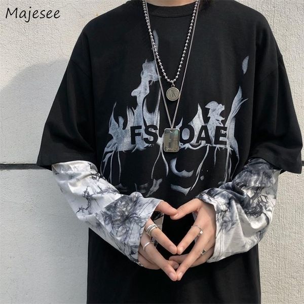 

men's t shirts men long sleeve t shirts o-neck fake 2 piece tie-dye loose big size 2xl streetwear hip hop all-match couple daily studen, White;black