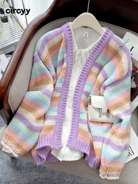 

circyy cardigan women sweater loose knitted coat colorful stripes fashion chic clothes casual warm autumn winter 2022 outwear, White;black