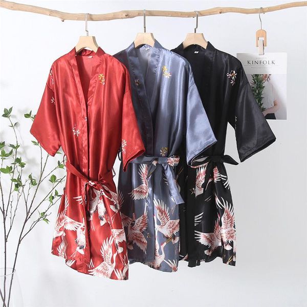 

short kimono robe set casual sleepwear nightwear women half sleeve intimate, Black;red