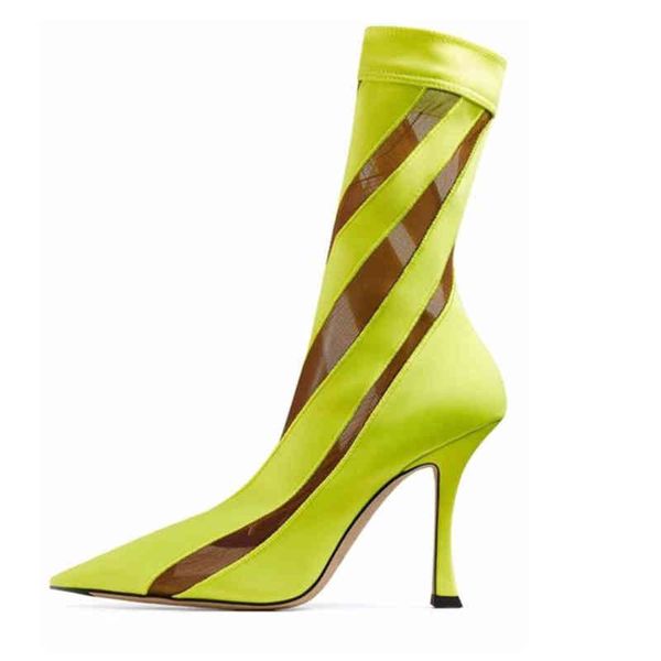 

boots summer mesh elastic for women green striped punch shoes mid nightclub party stiletto show demonia 220901, Black