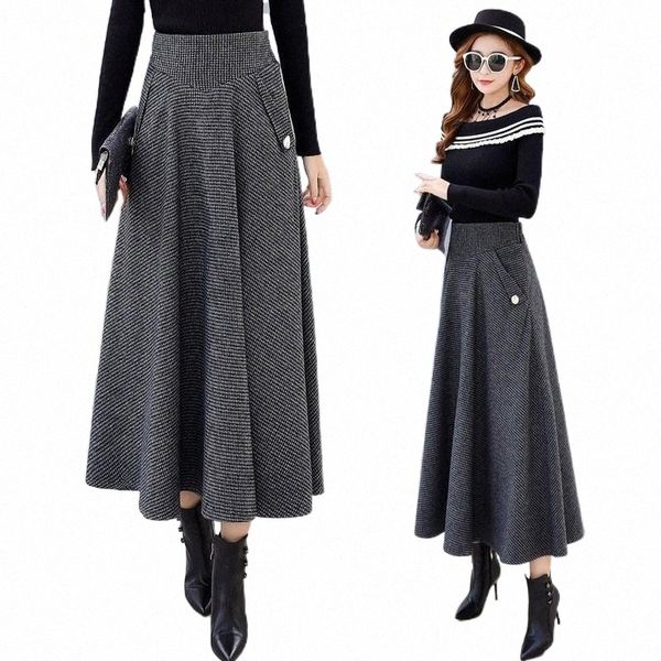 

skirts winter women long woolen skirt fashion high waist basic wool skirts female casual thick warm elastic a-line maxi z7 m557#, Black