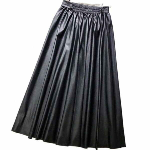 

skirts autumn women's fashion faux leather midi skirt korean female high waist side zipped black pu a-line skirts e7zt#