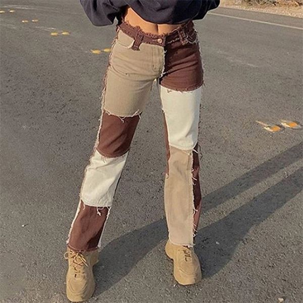 

women's jeans autumn brown women cowboy striped patchwork street casual hip hop high waist loose straight fashion pants 220902, Blue