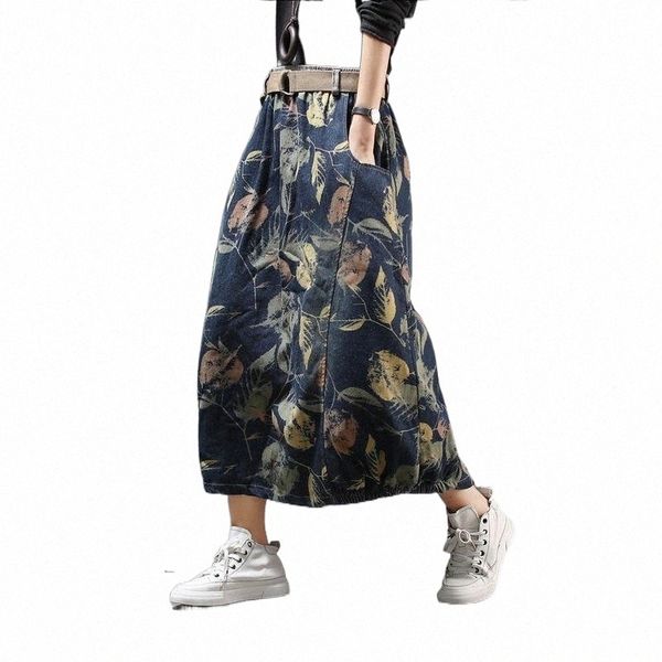 

skirts vintage leaves floral printing women skirts washed a-line falda mujer all-match denim skirt pocket jeans autumn spring u1m7#, Black