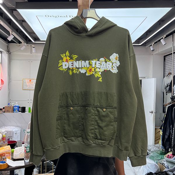 

vintage green sweatshirts hoodie men women floral printed fleece pullover real pics, Black