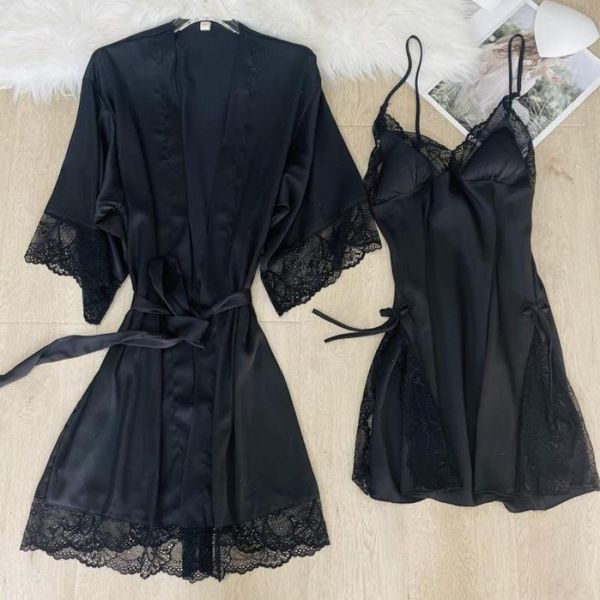 

summer bathrobe gownwomen nightwear sleepwear kimono robe set satin half, Black;red