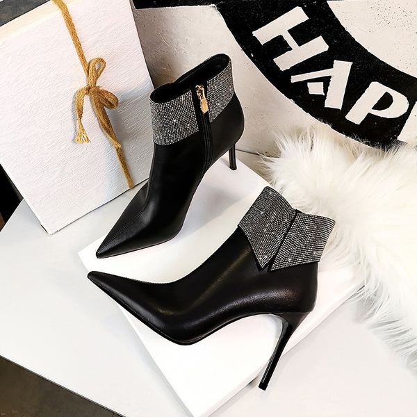 

designer ankle boots for women fashion banquet women's boot stiletto high heel pointed toe lady shiny rhinestone winter shoes, Black