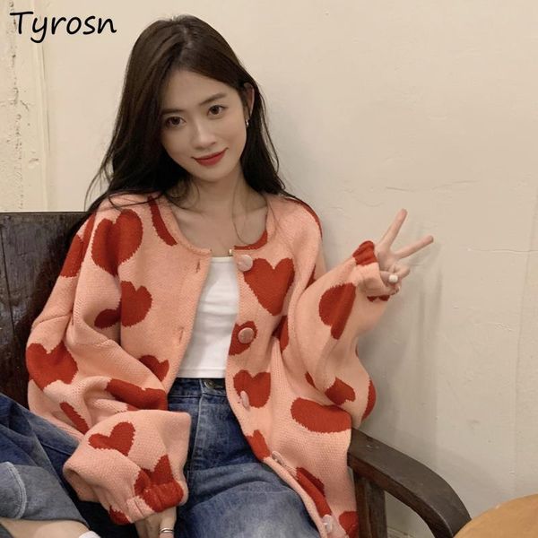 

women s knits tees women heart knitted cardigans single breasted o neck loose temperament chic fashion all match tender vintage spring autum, White