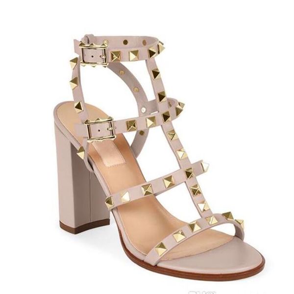 

brand designer women leather stud sandals t-strap sandal summer high heels rivets shoes ladies party shoes 6 5cm 9 5cm 15colo218f, Black