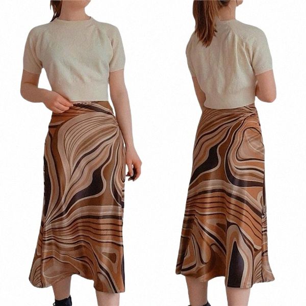 

skirts women vintage irregular wavy print skirt casual long brown stripe printed pattern high waist fishtail skirts 44tj#, Black